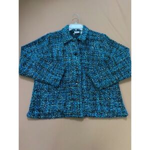 Chicos Blue Textured Tweed Boucle Button Front Jacket 2 Large Womens Classic